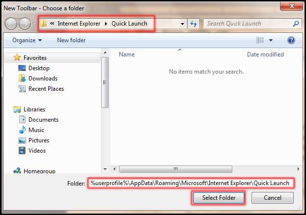 Choose a folder for create new toolbar in windows 7