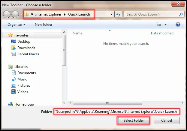 Choose a folder for create new toolbar in windows 7