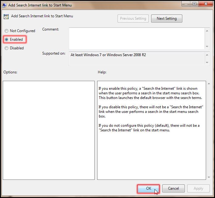 Enable option for Add search Internet link to Start Menu in Windows 7