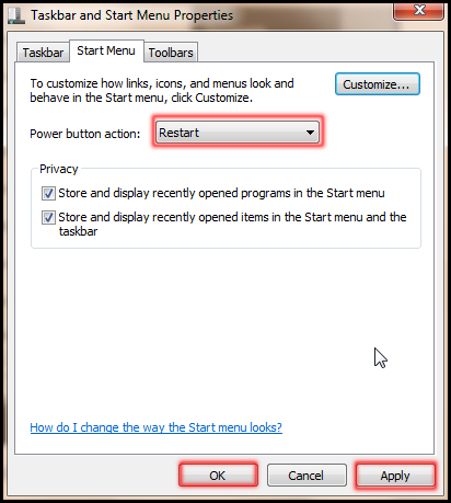 Change Restart in power action button in Windows 7