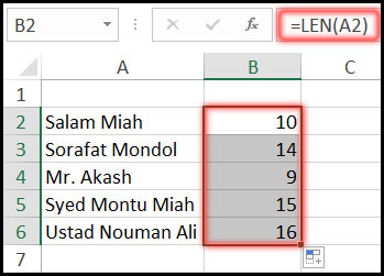 Result of Using Len Function with Example in Excel