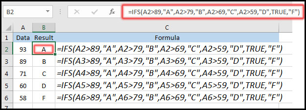 Using IFS Function in Excel 2016 Example 2
