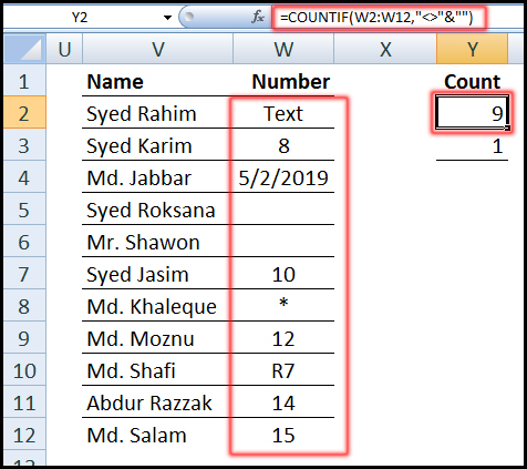 Using COUNTIF Function for calculate non-blank cell in Excel