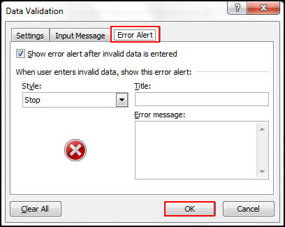 Error Alert Setting Tab in Data validation Window