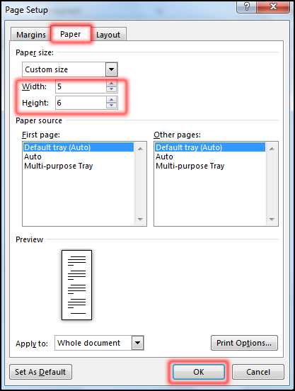 Change Custom Page Size in MS Word 2016