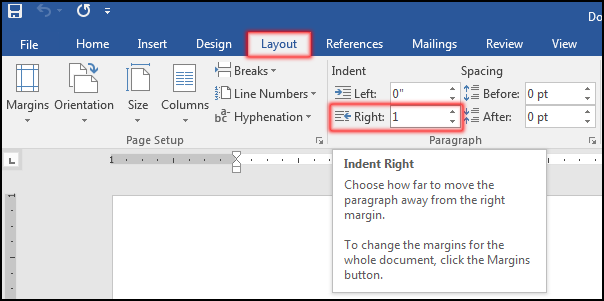 Right Indent in MS Word 2016