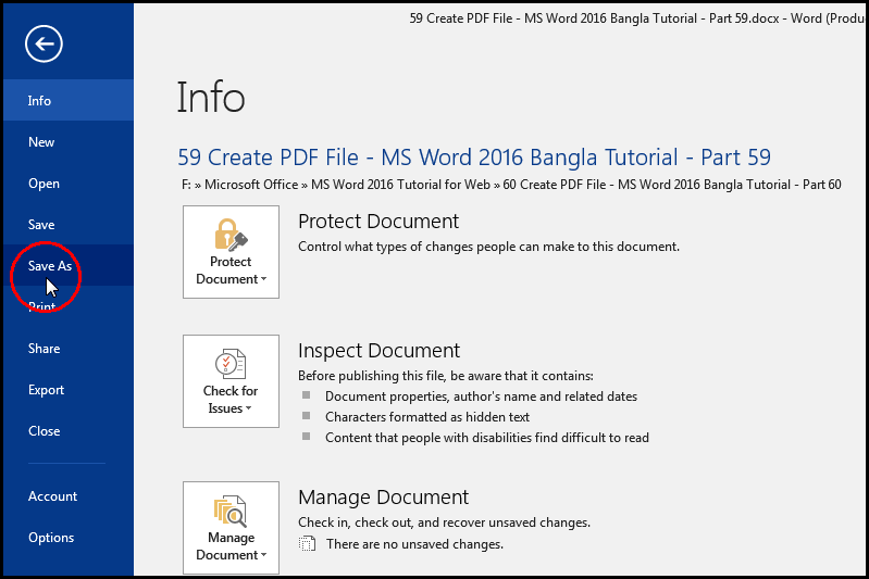 Create PDF Document with Save As in MS Word 2016 Bangla Tutorial