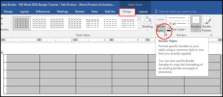 Select Table Style from Design Tab in MS Word 2016 Bangla Tutorial