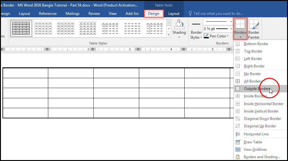 Select Outline Borders from Borders Drop-down in MS Word 2016 Bangla Tutorial