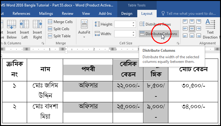 Distribute Columns Layout Tab in MS Word 2016 Bangla Tutorial