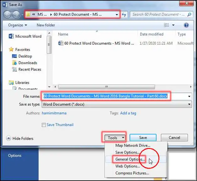 Create Password for Protect file from Save As Command in MS Word 2016 Bangla Tutorial