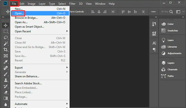 Open Image from File Menu in Adobe Photoshop CC