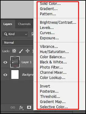 Various option of Adjustment Layer in Adobe Photoshop CC