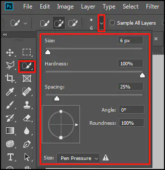 Change size and Hardness tool in Adobe Photoshop CC
