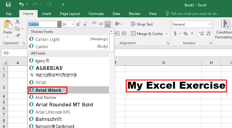 How to change Font in Excel 2016