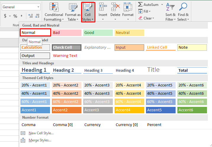 How to change style Normal in Excel 2016
