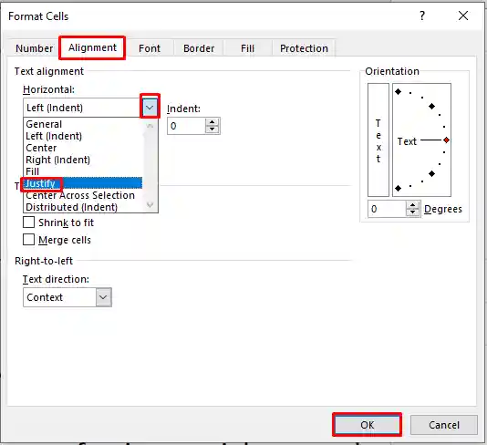 Horizontally Justify Alignment with Format Cells Dialog Box in Excel