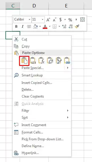 Paste data with context menu in Excel 2016
