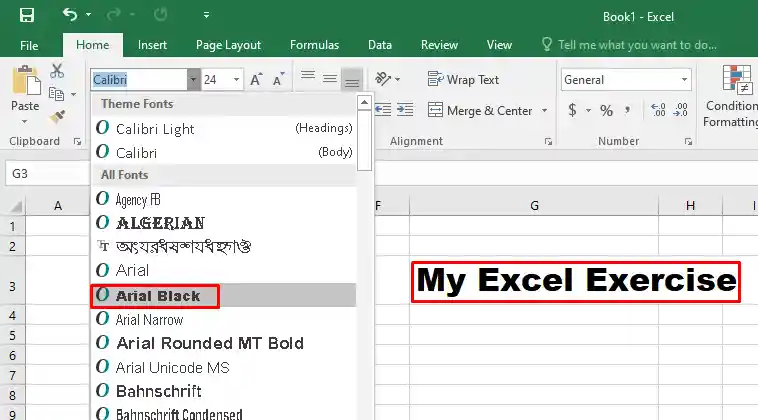 Change Font in Excel 2016